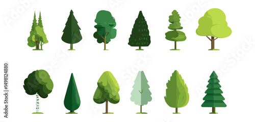 Modern flat vector trees set, nature icons collection, forest silhouette designs, seasonal foliage graphics, botanical illustrations, woodland elements, eco visuals, cutout style.