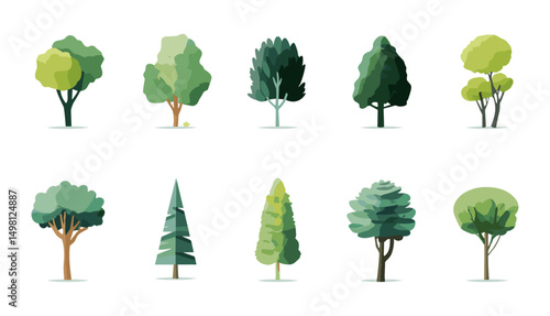 Flat style vector tree icons, modern nature symbols, forest and woodland graphics, botanical silhouettes, seasonal leaf designs, minimalist art, vector illustration, png cutout.