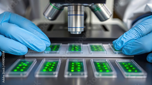 Laboratory technician examining samples under a microscope with green indicators. Concept of Scientist Analyzing Sustainable Materials Under Microscope.