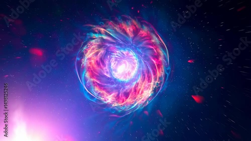 Vibrant cosmic wormhole with swirling nebulae, space travel concept in deep space with colorful cloud formations and bright starfield backdrop