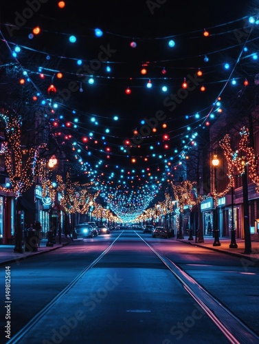 Enchanted Night Street: A Festive Cityscape Under Sparkling Lights