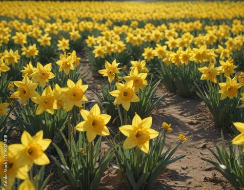 Sunlit field of vibrant yellow daffodils in full bloom, petals glistening ,  golden hour,  plant,  bloom