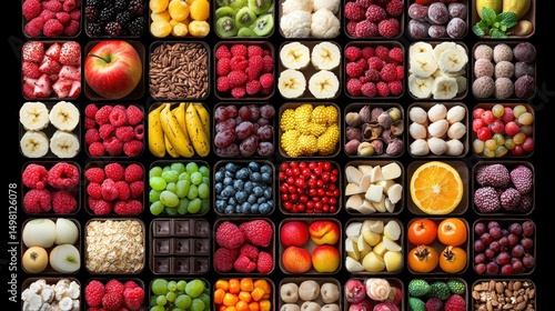 A grid of colorful fruits and nuts.