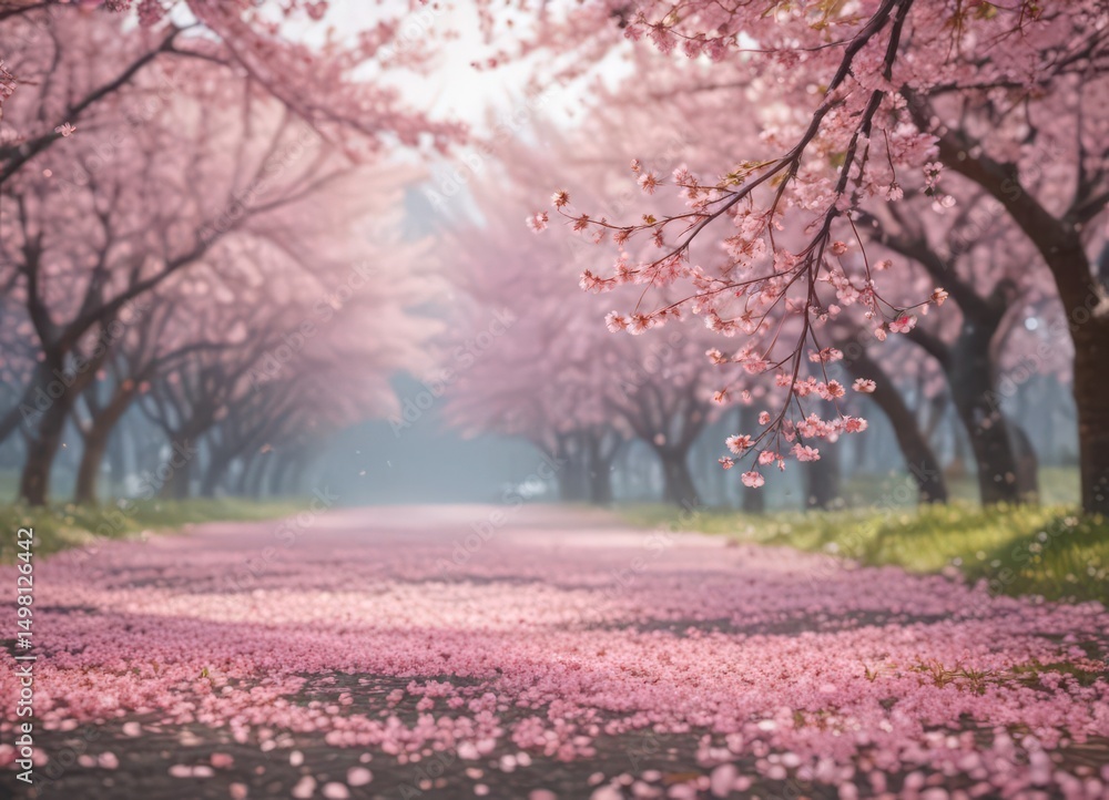 Naklejka premium Delicate pink sakura petals drift, soft focus on blooming cherry trees , serenity, light, peaceful