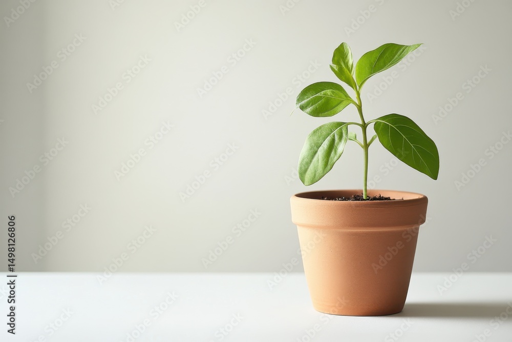 Fototapeta premium Single young plant in terracotta pot