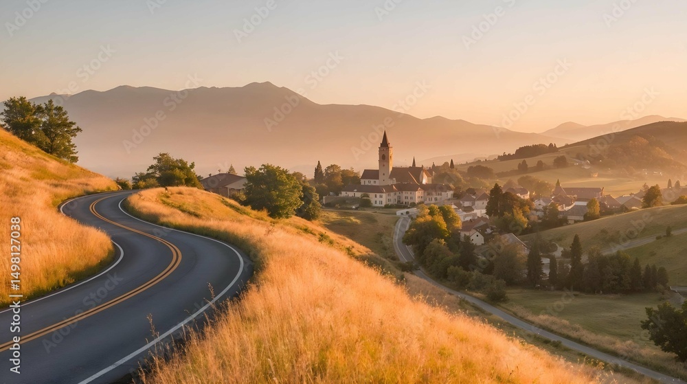 Fototapeta premium A winding country road cuts through golden fields bathed in the warm glow of the setting sun, leading to a charming village nestled in the rolling hills.