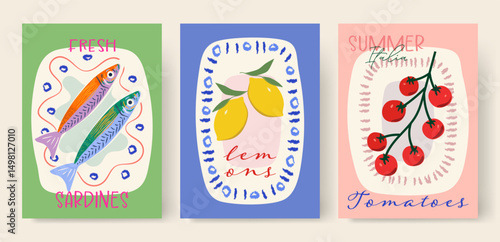 Modern abstract summer poster in sketch doodle style with hand drawn. Trendy design for cards, wall art, ads, print, decor, branding. Amalfi, Italian sea coast hand drawn icons. Summer sea vacation.