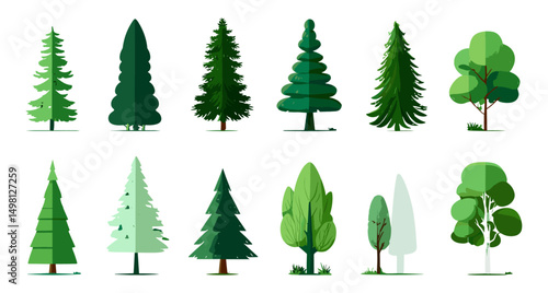 Forest summer green tree icons, flat vector illustration, natural landscape design, woodland flora elements, eco ecosystem graphics, outdoor plant symbols, seasonal greenery visuals.