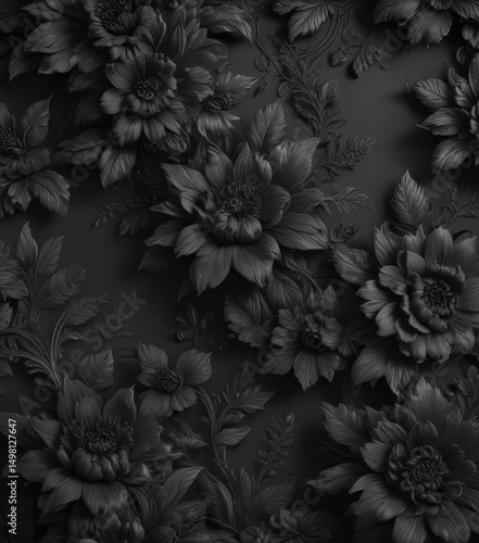Intricate black charcoal floral wallpaper, elegant design  , texture, art, art deco