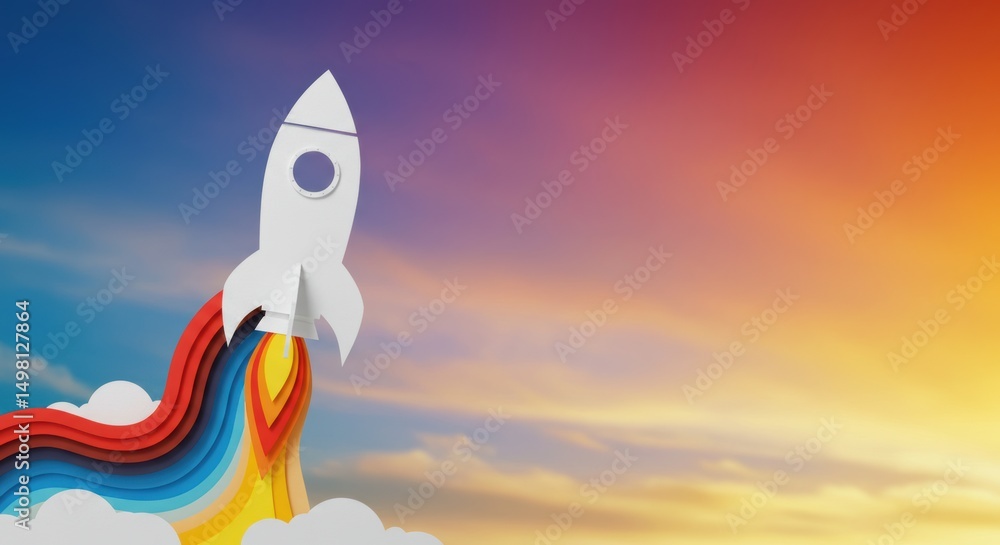 Naklejka premium Business success with rocket launch symbolising innovation, progress and financial breakthrough against colorful sky background during market rise