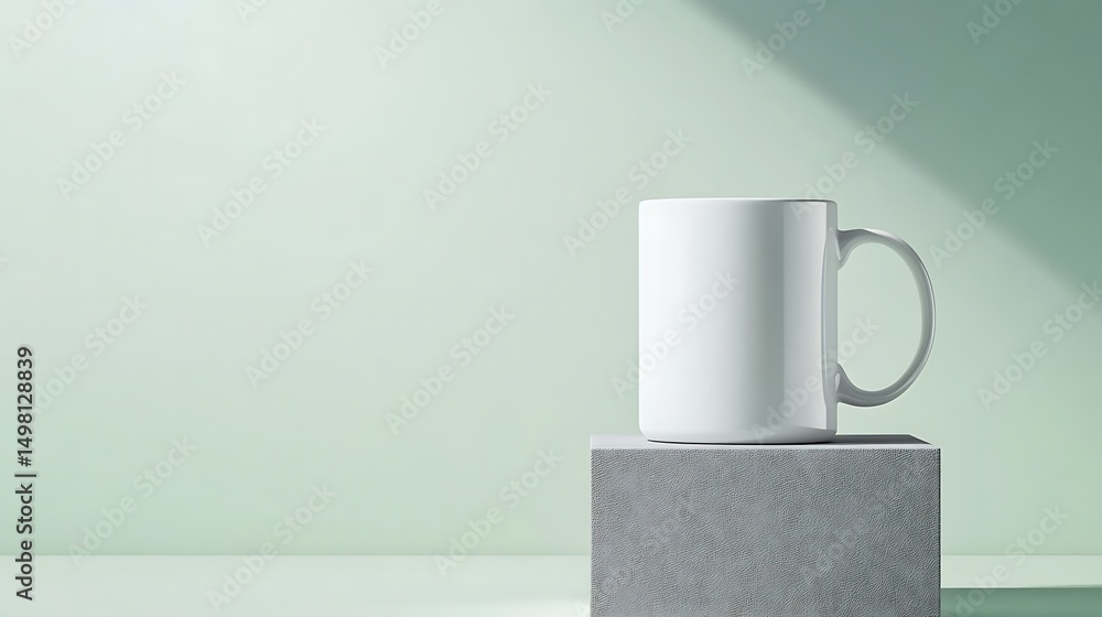 custom made wallpaper toronto digitalMinimalist white mug on a grey cube pedestal with clean shadowing and solid pastel green background .