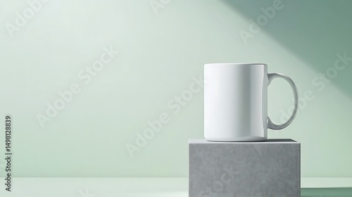 Wallpaper Mural Minimalist white mug on a grey cube pedestal with clean shadowing and solid pastel green background . Torontodigital.ca