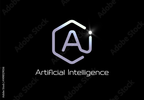 Artificial intelligence logo in hexagon liner shape, glowing tech futuristic style emblem for AI platforms, tech startups, smart software branding. Vector illustration