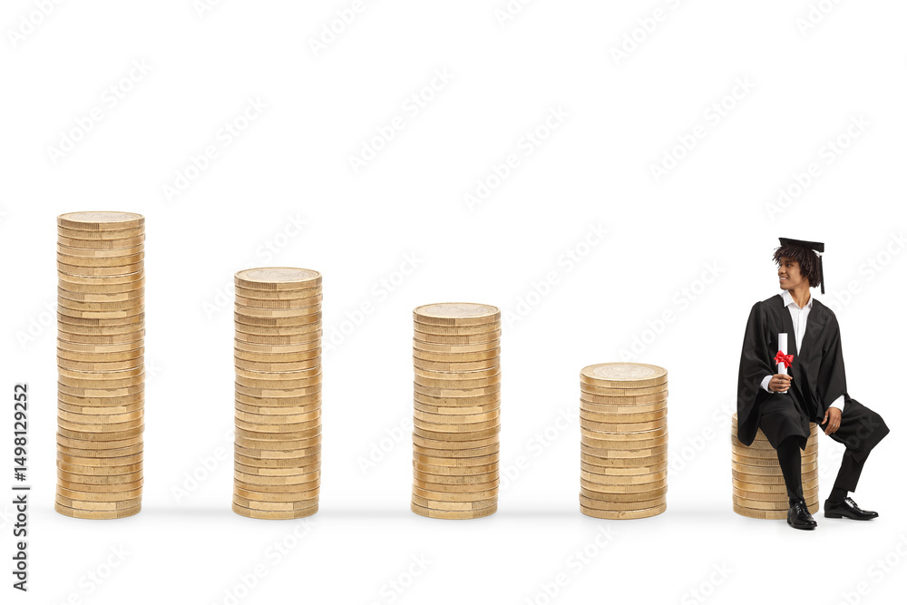 © Ljupco Smokovski - Male african american graduate student sitting on a pile of coins with a certificate © Ljupco Smokovski - Male african american graduate student sitting on a pile of coins with a certificate