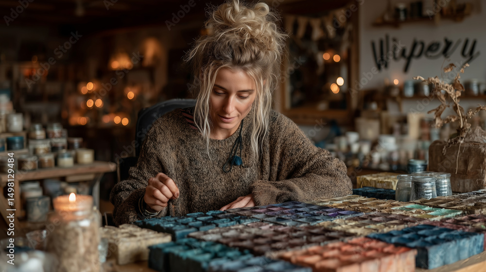 A wheelchair user is immersed in the art of candle-making, selecting vibrant colors and scents in a warm, inviting studio filled with candles and natural light. A wheelchair user is immersed in the art of candle-making, selecting vibrant colors and scents in a warm, inviting studio filled with candles and natural light.