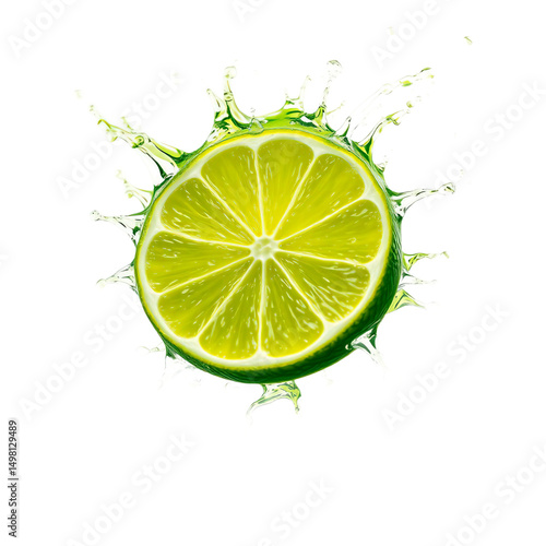 Lime wedge splashing in water.  The lime is vibrant green and juicy, with a splash of lime juice surrounding it.
