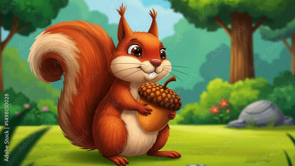 Cartoon forest squirrel with acorn and flicking tail, playful woodland illustration
