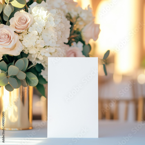 Blank card mockup placed on a table adorned with beautiful bouquet of flowers