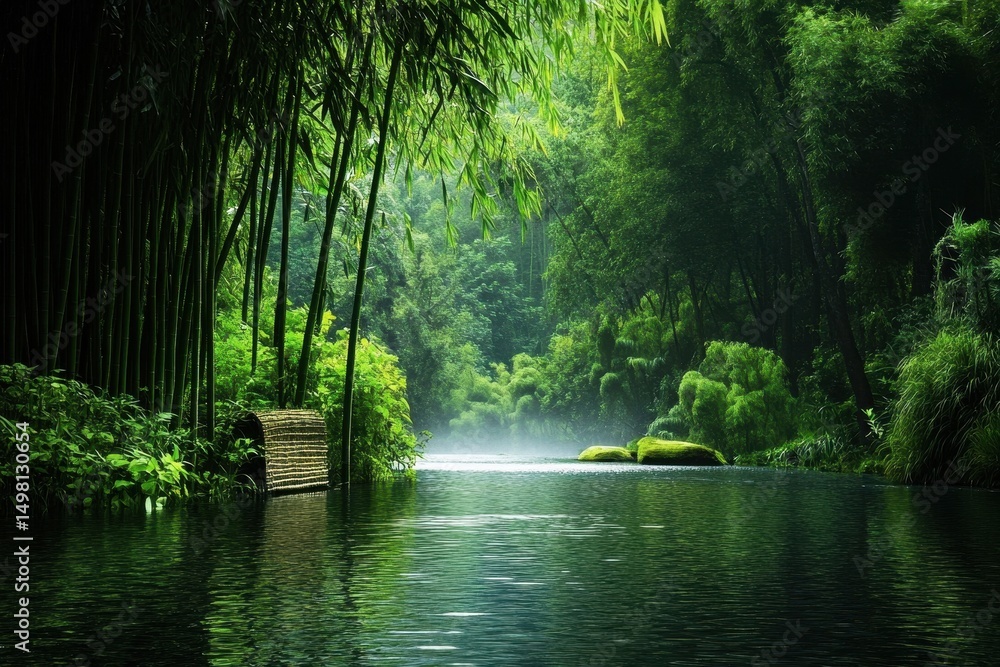 Obraz premium Bamboo plants lining a tranquil river in a lush green forest, A photo of bamboo plants in a forest with a river in the foreground