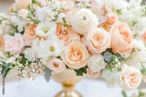 Luxurious floral arrangement featuring delicate pink and white flowers displayed in a gold vase