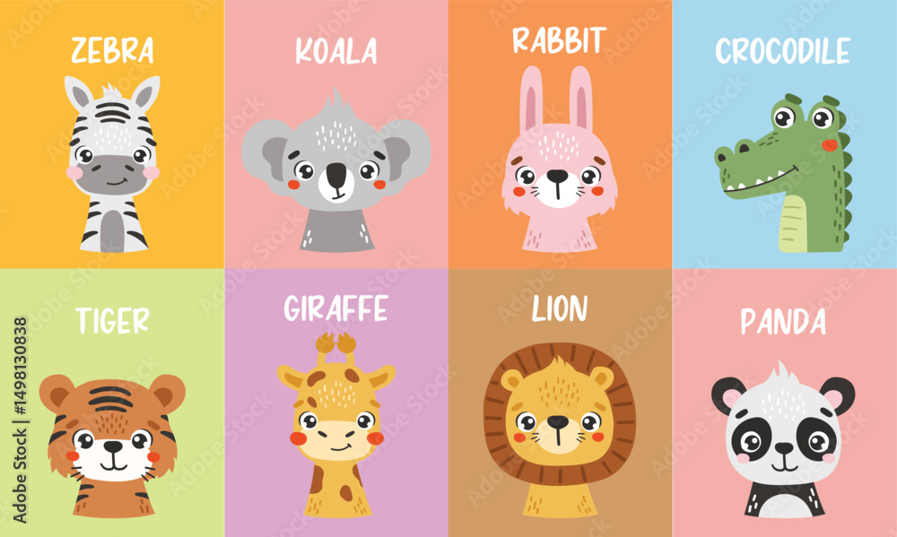 Fototapeta premium Safari animals set isolated, cute jungle animals, kids posters, cartoon, cards for kids