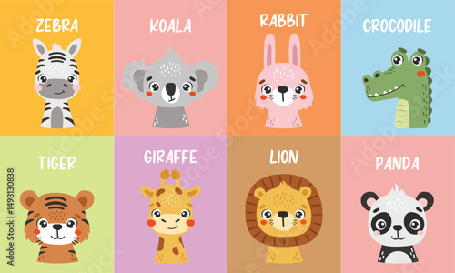 Safari animals set isolated, cute jungle animals, kids posters, cartoon, cards for kids