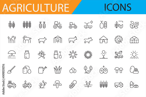 Agriculture and Farming Icons: Symbols for Crops, Animals, Greenhouse, and Harvest