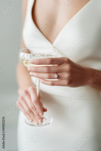 Close-up of a woman's hand with a diamond ring holding a glass of sparkling wine