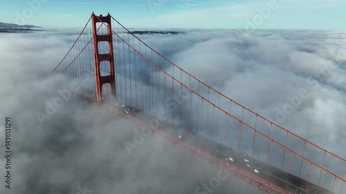 Golden Gate Bridge Fog In San Francisco California United States. Cars Driving Towards Downtown City On The Famous Bridge. Town Clouds Sky Backgrounds Urban. Town Outdoor Downtown Famous.