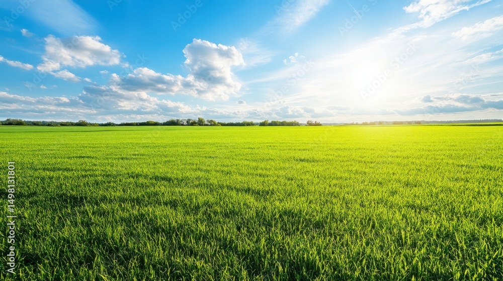 Obraz premium Lush Green Field Under Bright Blue Sky with Fluffy White Clouds