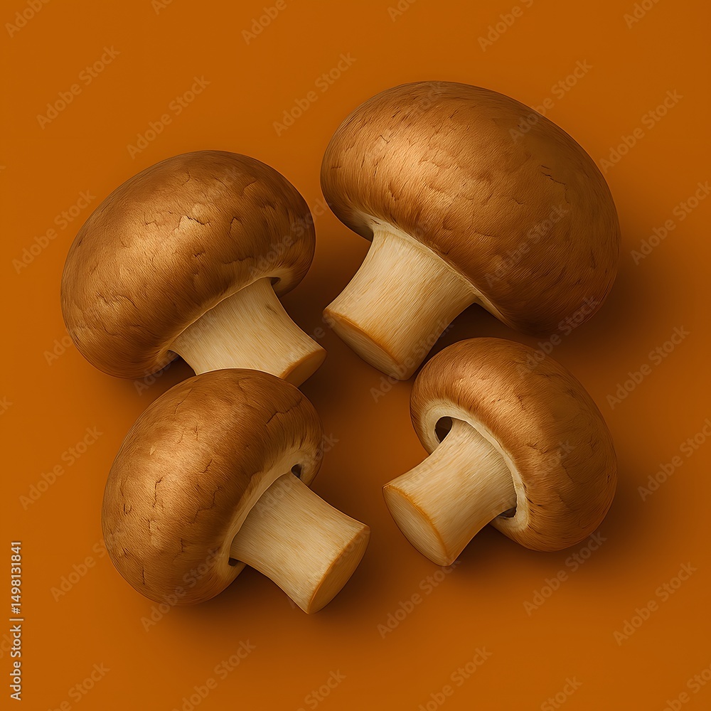 Fototapeta premium Four fresh, brown button mushrooms elegantly arranged on a solid, warm amber backdrop. Emphasizing the natural beauty and culinary appeal of a common food.