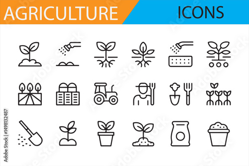 Collection of Agriculture Icons: Farm, Animals, Crops, Greenhouse, and Harvest Symbols