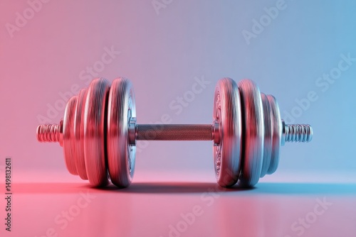 The image is a 3D rendering of a dumbbell used in sports, with bodybuilding equipment visible in the background