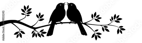 Birds Couple Silhouette on Branch singing, Vector. Birds in love Silhouette, Wall Decals, Art Decoration, Wall Decor, Birds Silhouette on branch isolated on white background, romantic