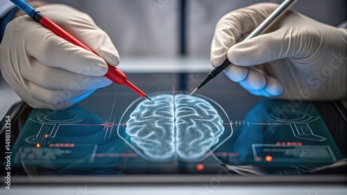Neuroscientist Working in High-Tech Research Lab Concept, Medical professionals analyzing brain data on a digital tablet.