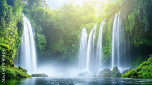 Serene Waterfalls Amid Lush Green Forest in Natural Setting