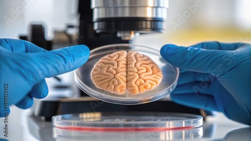 Neuroscientist Working in High-Tech Research Lab Concept, Hands in blue gloves hold a brain model under a microscope in a lab setting.