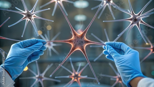 Neuroscientist Working in High-Tech Research Lab Concept, Hands in gloves holding a network of star-shaped neurons in a scientific setting.