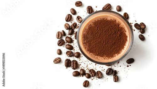 Delicious tiramisu with coffee beans in glass isolated on white, top view