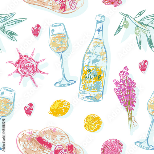 Seamless summer pattern with wine bottle, lavender, seashells and hat Hand-drawn textured vector design with soft grunge effect creates joyful summer mood and charm to prints, textile, wrapping paper