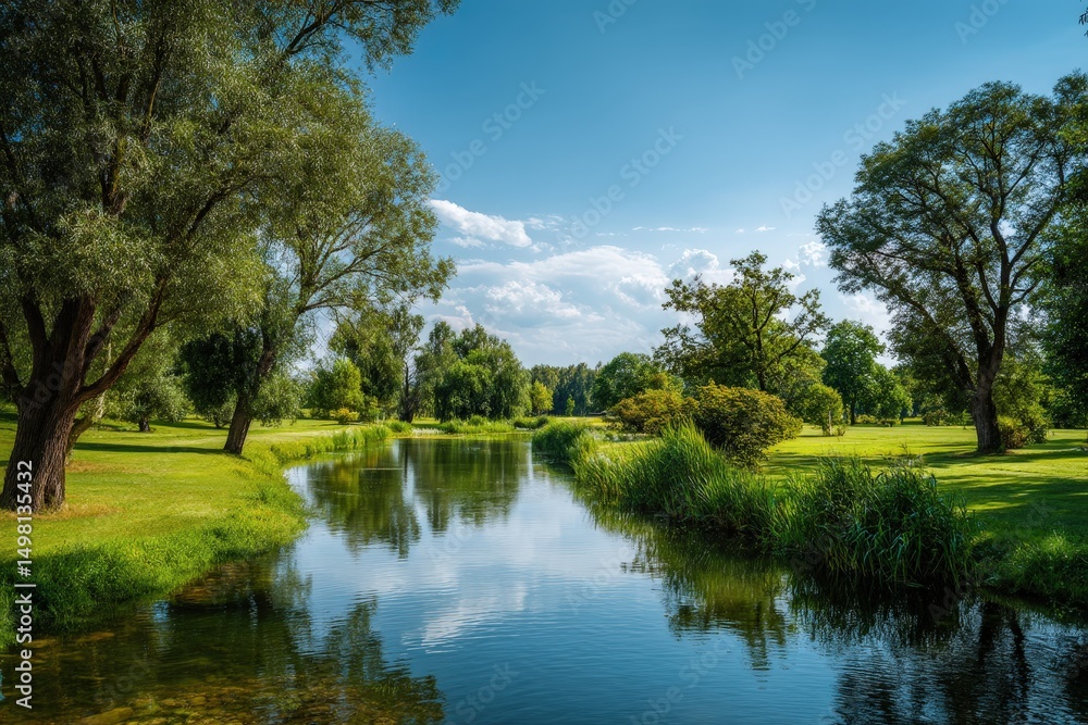 Picturesque landscape of a peaceful river flowing through a lush green park with trees and a bright blue sky Picturesque landscape of a peaceful river flowing through a lush green park with trees and a bright blue sky
