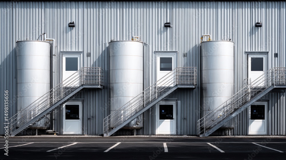 Fototapeta premium Industrial storage tanks with external staircases on a modern warehouse exterior
