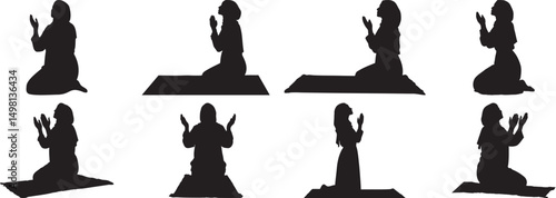 Diverse Silhouettes of a Woman Praying Islamically on a Mat Eight Poses Spirituality Religion Faith