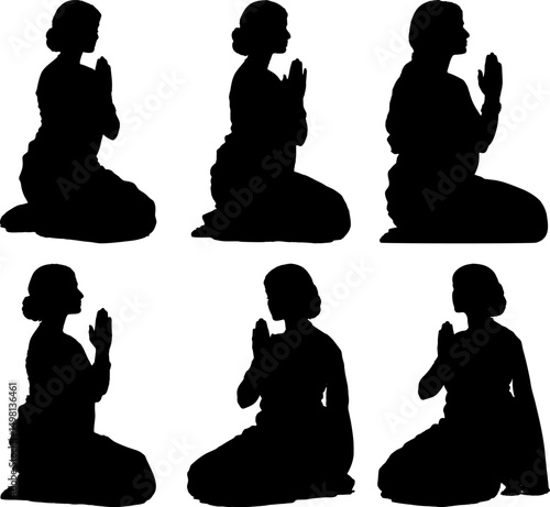 Six Elegant Praying Women Silhouettes a Collection of Kneeling Female Figures in Prayer Pose Perfect for Spiritual Designs