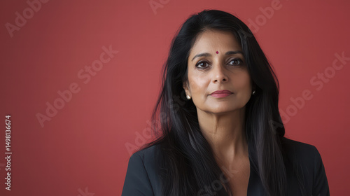 Confident Woman Portrait: A sophisticated woman with long black hair and a calm expression gazes directly at the camera against a deep red backdrop.