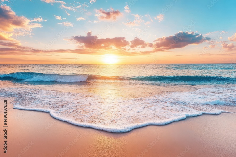 Fototapeta premium Sunset glow over calm sea shore with gentle waves on tranquil beach, Sunset on sea shore beach Calm and tranquil background