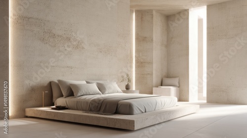 greek archaic japandi bedroom full view, light limestone wall, stone platform bed, vertical wall slit with soft light, plaster surface, minimal linen bedding