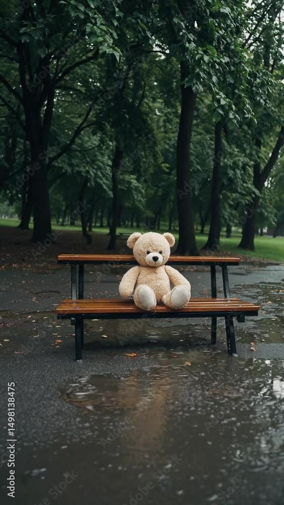 Ours en peluche seul sur un banc de parc mouillé après la pluie

