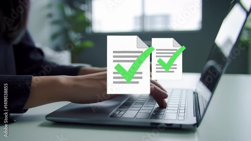 Wallpaper Mural Person typing on laptop with digital document verification graphics. Green checkmarks on electronic paperwork indicate task completion. Paperless workflow management system with approved files Torontodigital.ca