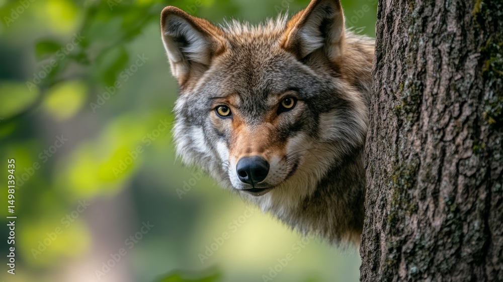 Fototapeta premium Wolf observing from behind tree trunk forest wildlife photography natural habitat close-up perspective